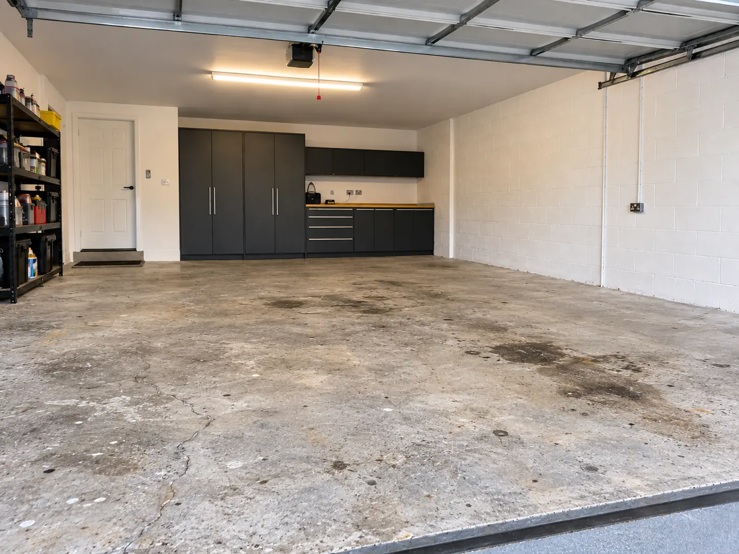 Double garage with a worn, stained concrete floor before resin