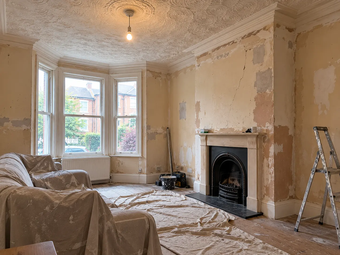 Victorian living room with damaged plaster and artex ceiling before plastering