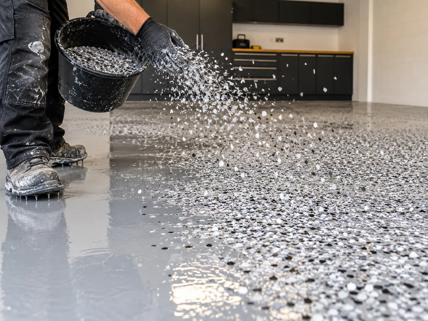 Decorative flakes being broadcast onto a wet resin garage floor