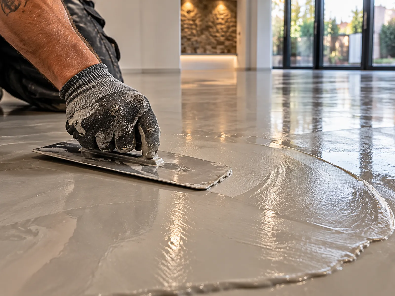 Microcement being hand-trowelled onto a floor