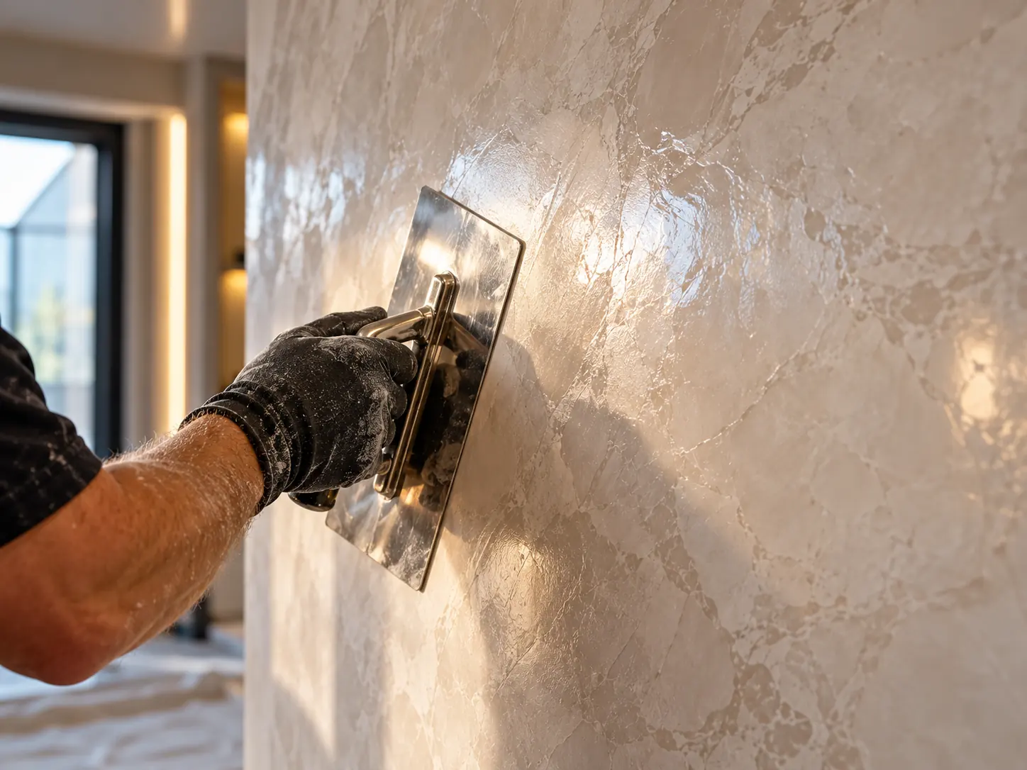Venetian plaster being burnished with a steel trowel