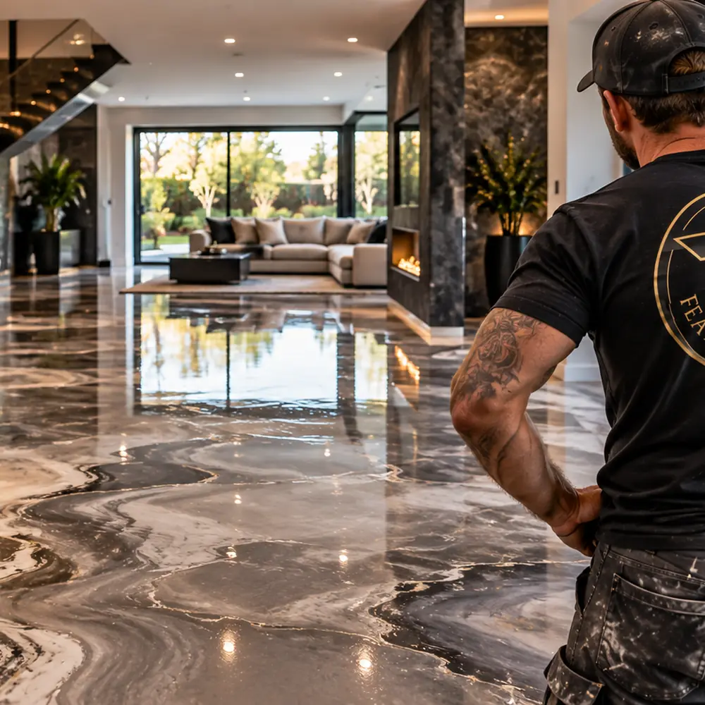Feature Finishes installer checking a marble-effect epoxy floor