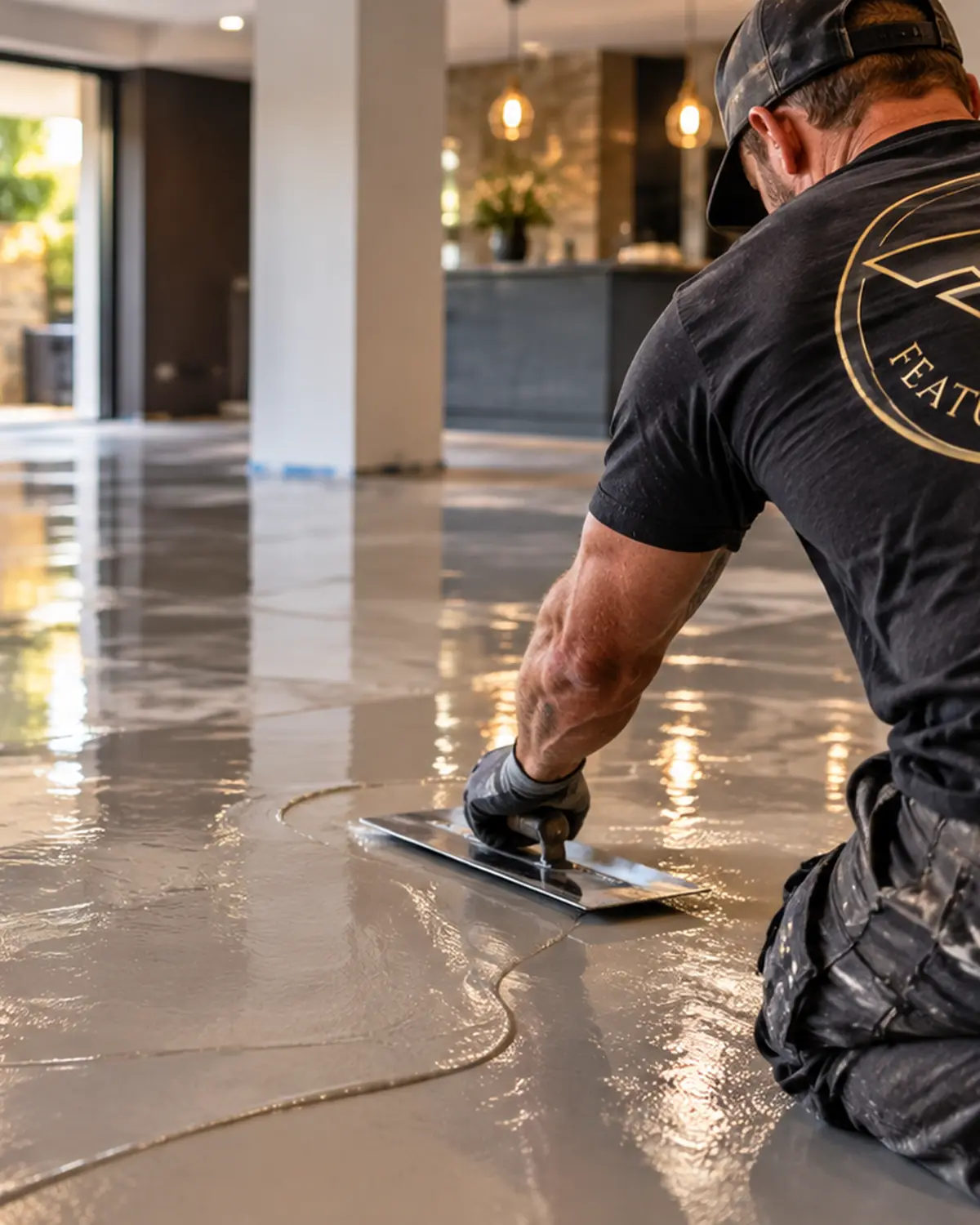 Feature Finishes installer hand-finishing a glossy floor