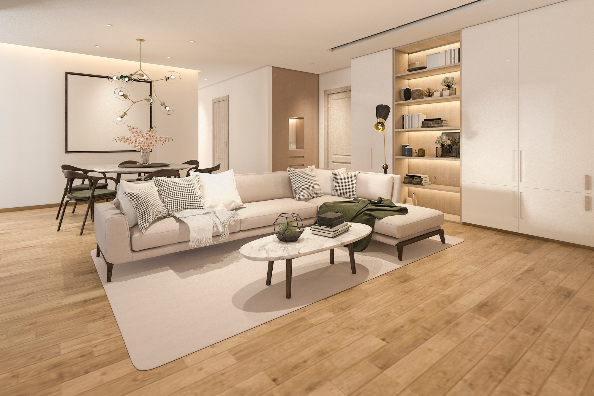 3d rendering wood classic living room with marble tile and bookshelf